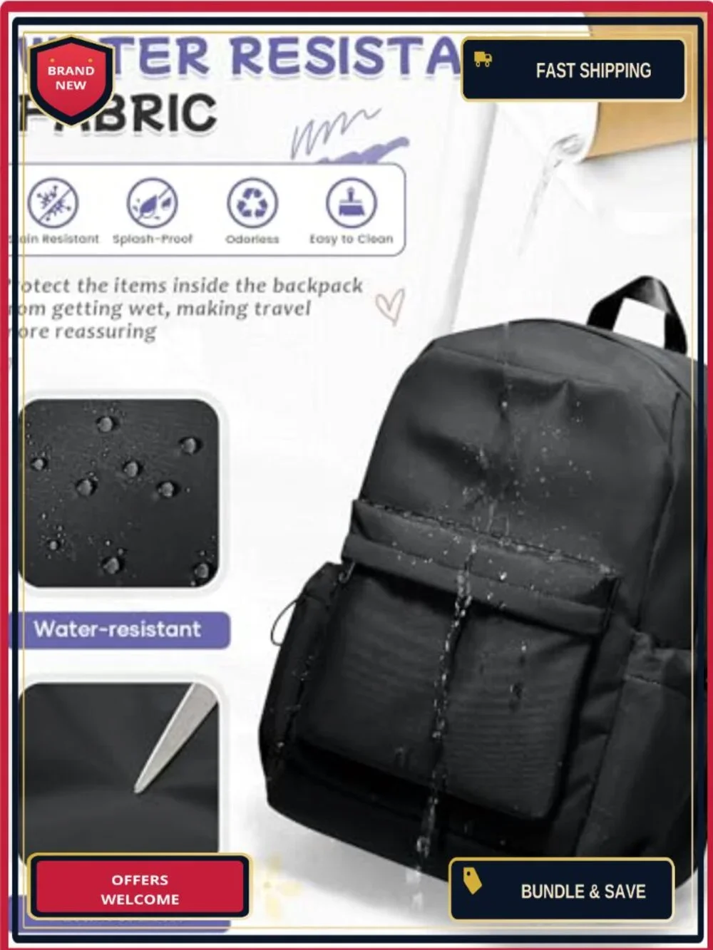 Water-Resistant Nylon Backpack with Laptop Compartment for School Travel